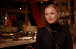 Uśmiechnięta kobieta w czarnym żakiecie i złotym łańcuszku we wnętrzu restauracji z czerwonymi zasłonami