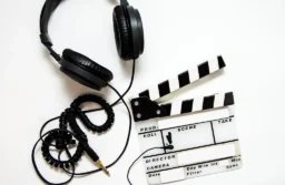 Czarne słuchawki studyjne i klaps filmowy na jasnym tle