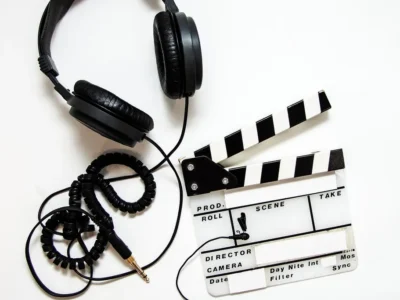 Czarne słuchawki studyjne i klaps filmowy na jasnym tle