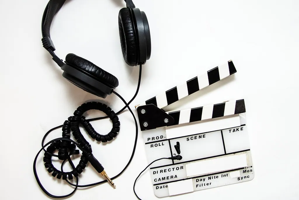 Czarne słuchawki studyjne i klaps filmowy na jasnym tle