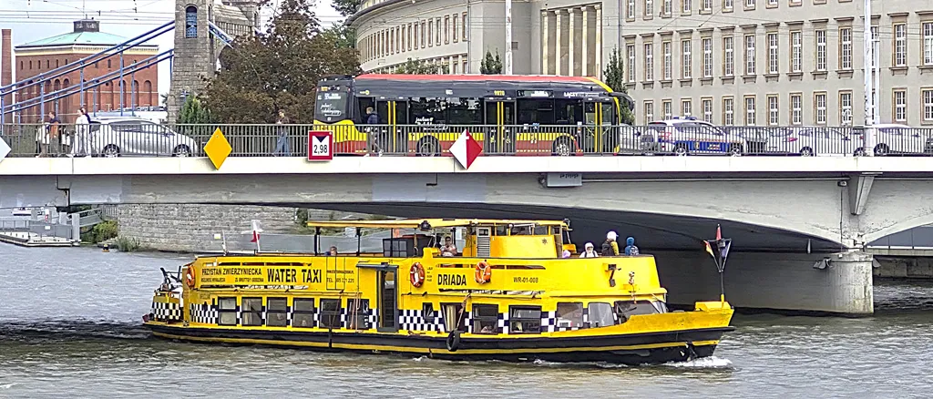 Żółty tramwaj wodny na Odrze pod mostem we Wrocławiu